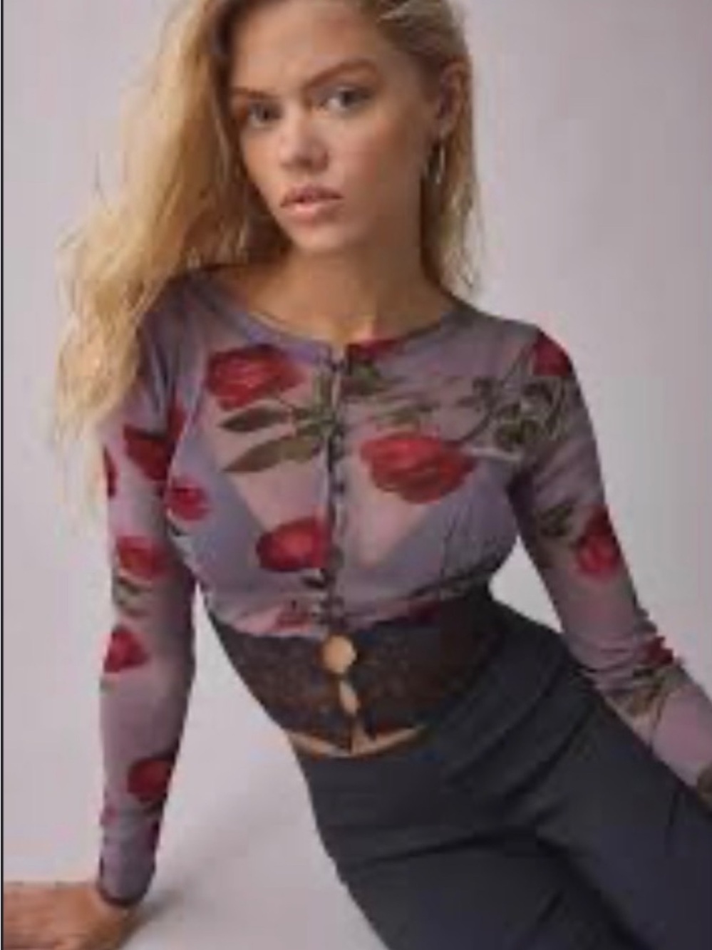 Kimchi Blue Sheer Rose-Print Long Sleeve Crop Top - Red on Gray